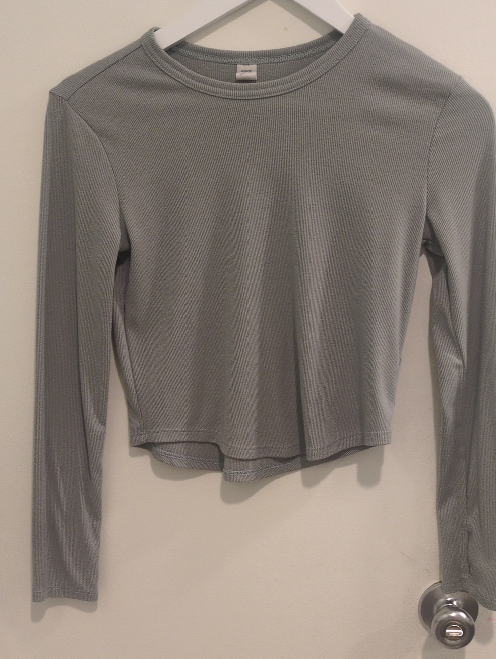 Long-Sleeve Ribbed Crewneck Top in Light Grayish Green